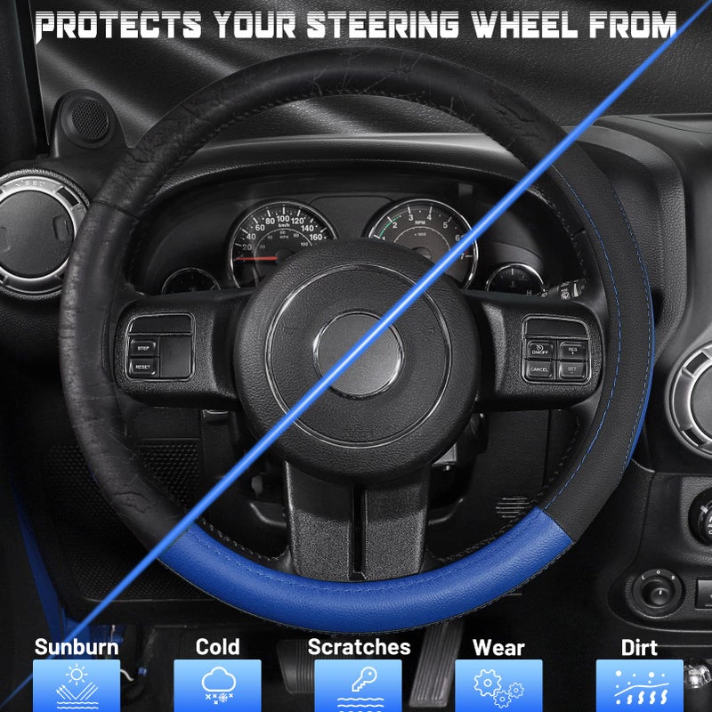 SEG Direct Car Steering Wheel Cover for F-150 Tundra Range Rover 15.5-16 inch, Black and Blue Microfiber Leather - Image 4
